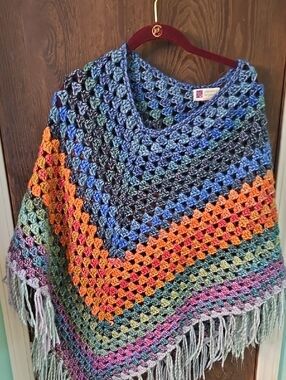 Handmade Multicolor Crochet Poncho with Fringe